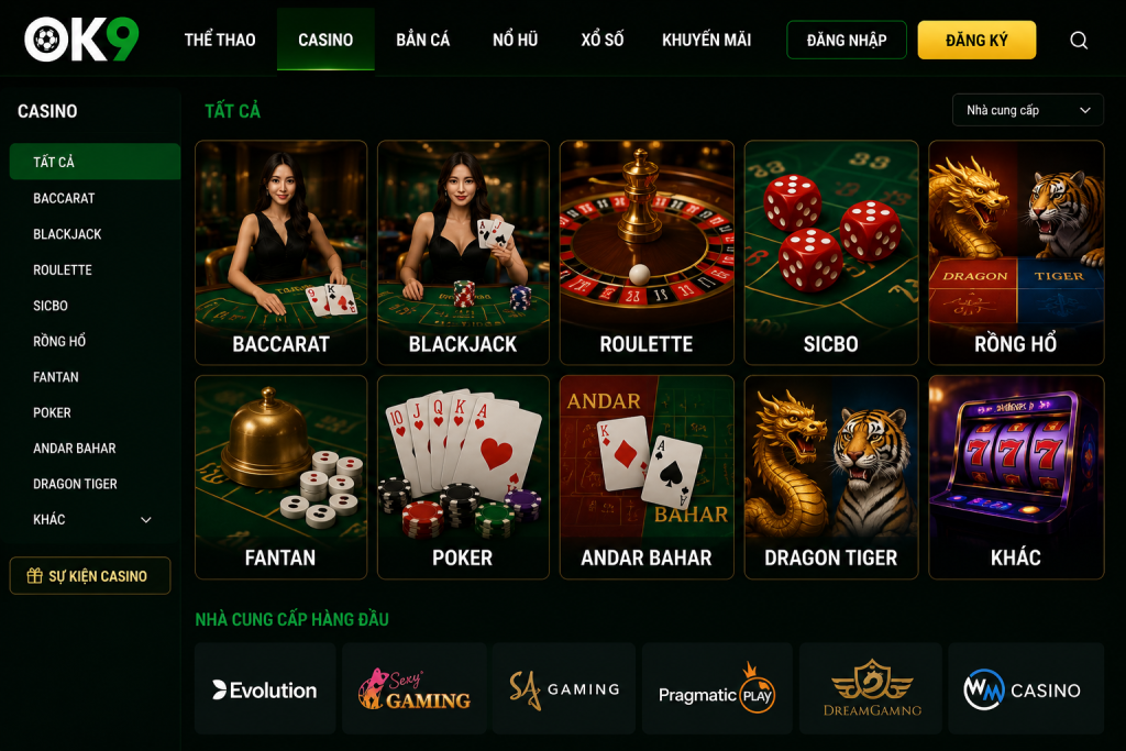 Giao diện nhiều bàn Casino OK9 với các trò Baccarat, Blackjack, Roulette và Sicbo