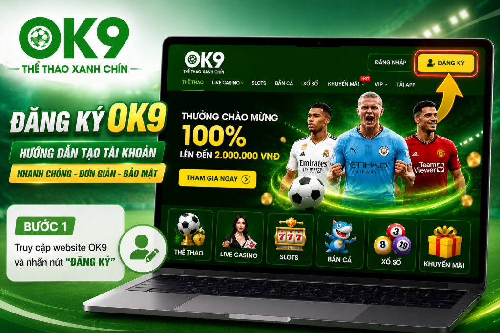 Giao diện trang chủ OK9 với nút "Đăng Ký" được khoanh nổi bật