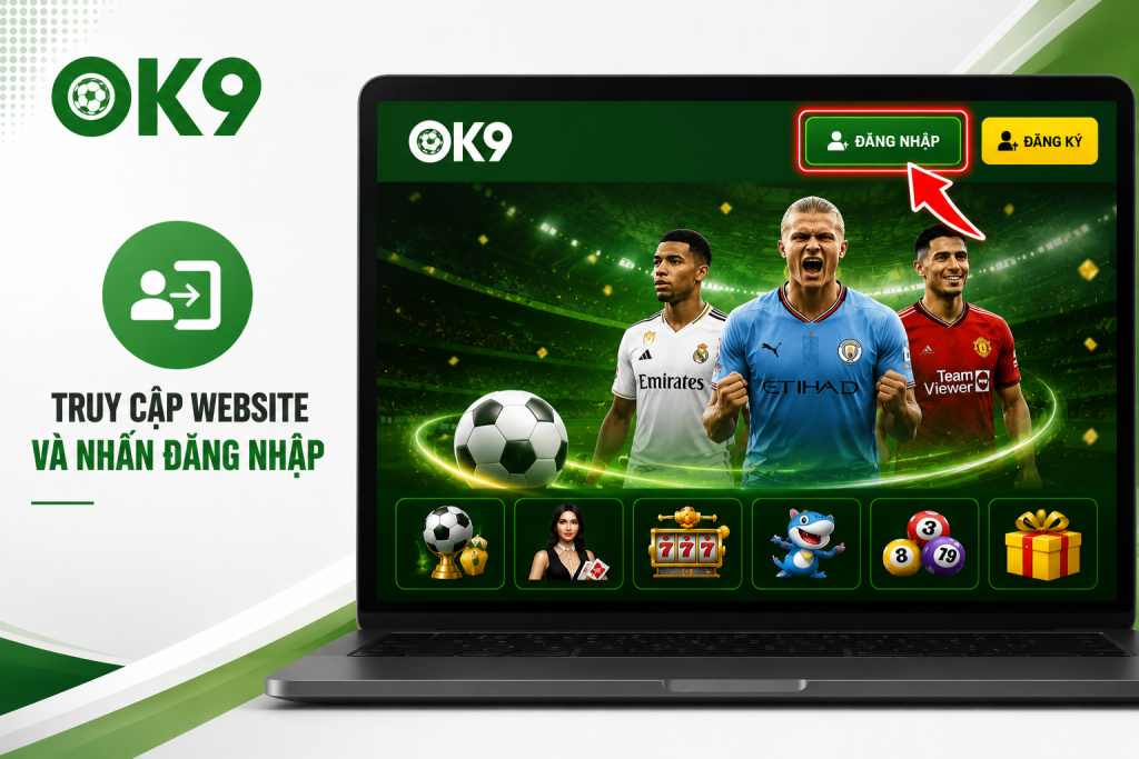 Giao diện trang chủ OK9 với nút "Đăng Nhập" được khoanh nổi bật