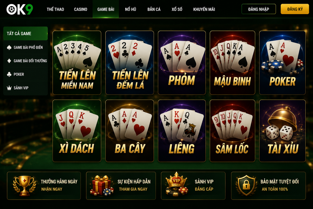 Giao diện Game Bài OK9 hiển thị nhiều trò chơi như Tiến Lên, Phỏm, Poker, Liêng và Mậu Binh