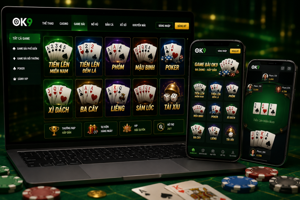 Giao diện Game Bài OK9 trên máy tính và điện thoại với nhiều trò chơi bài trực tuyến