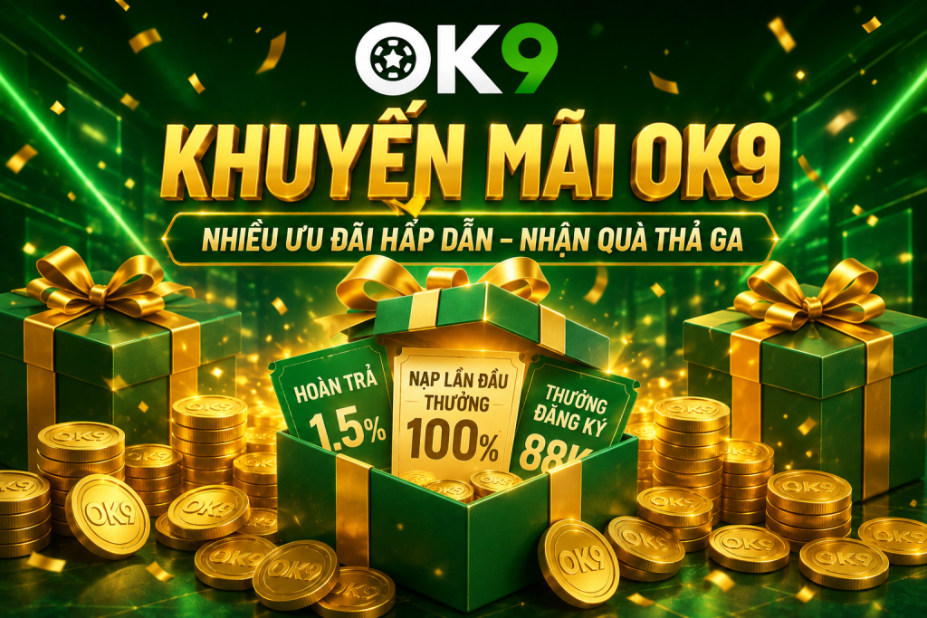 Khuyến Mãi OK9 với hộp quà, xu vàng, hiệu ứng ánh sáng và logo OK9 nổi bật