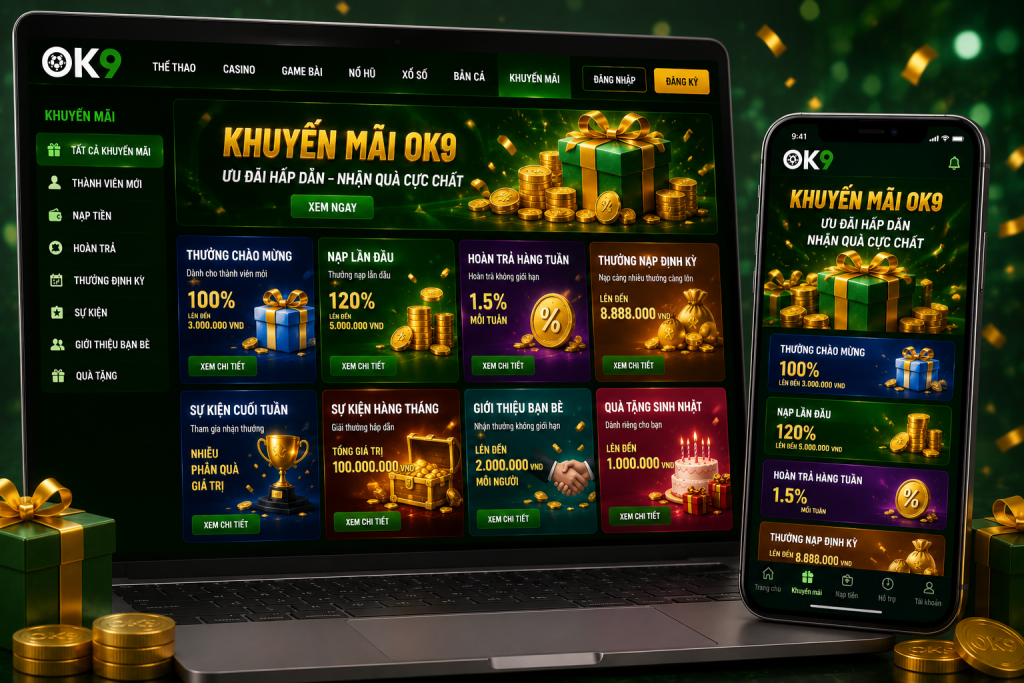 Giao diện Khuyến Mãi OK9 trên máy tính và điện thoại với danh sách các chương trình ưu đãi nổi bật