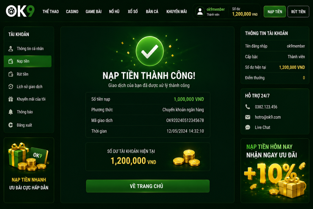 Giao diện thông báo nạp tiền thành công và số dư tài khoản đã được cập nhật