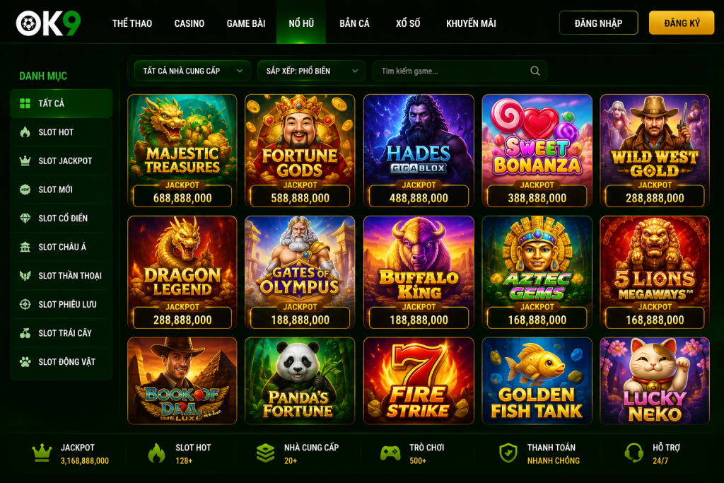 Giao diện kho game Nổ Hũ OK9 với nhiều trò chơi slot và các chủ đề đa dạng