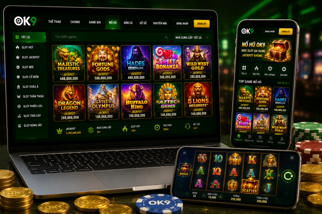 Giao diện Nổ Hũ OK9 trên máy tính và điện thoại với nhiều trò chơi slot hiện đại