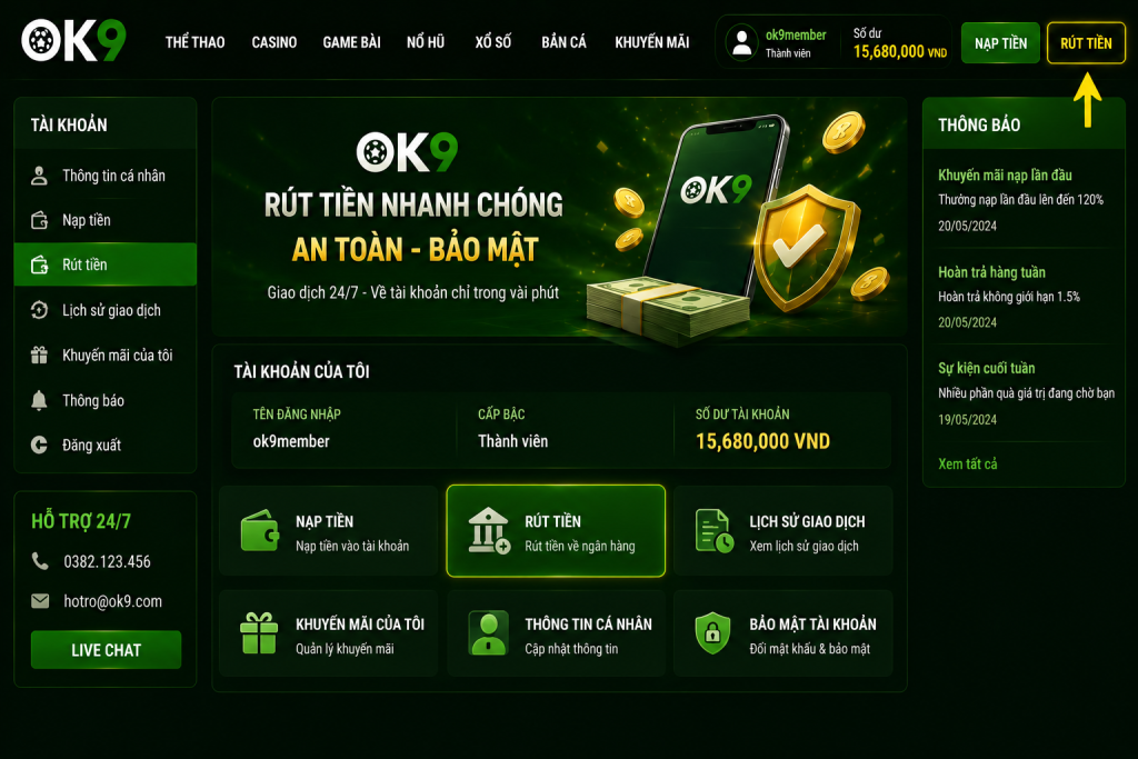 Giao diện OK9 sau khi đăng nhập với nút "Rút Tiền" được hiển thị nổi bật