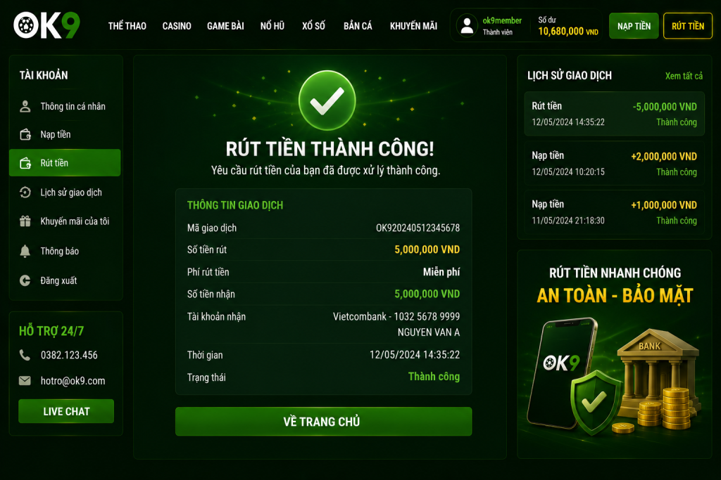 Giao diện thông báo rút tiền thành công và hiển thị trạng thái giao dịch hoàn tất