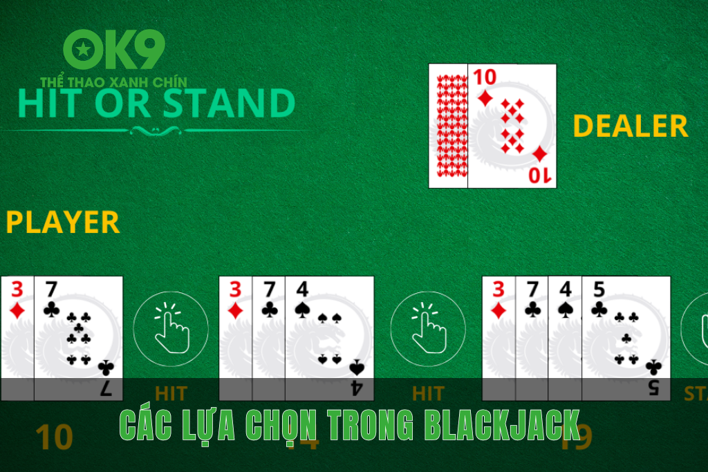 Các lựa chọn Hit Stand Double Down và Split trong Blackjack OK9