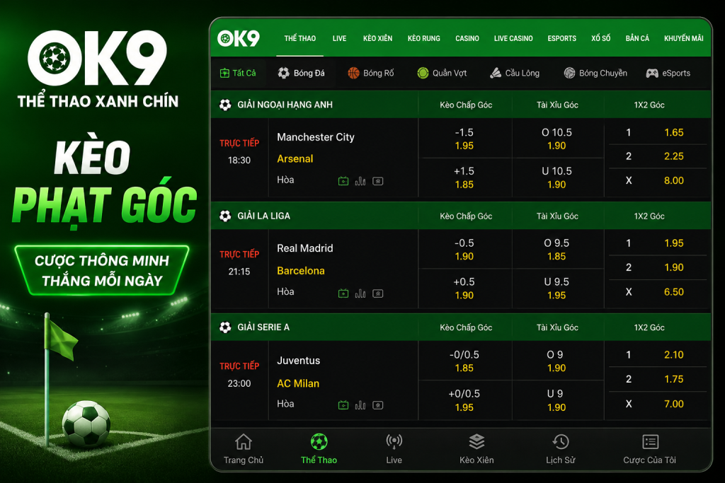 Giao diện bảng Kèo Phạt Góc trên OK9